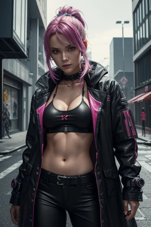 Safe For Work, Cyberpunk, Norwegian, ethnically Norwegian, prostitute, brightly colored clothing, underboob, medium breast, coat, pants shirt that shows underboob