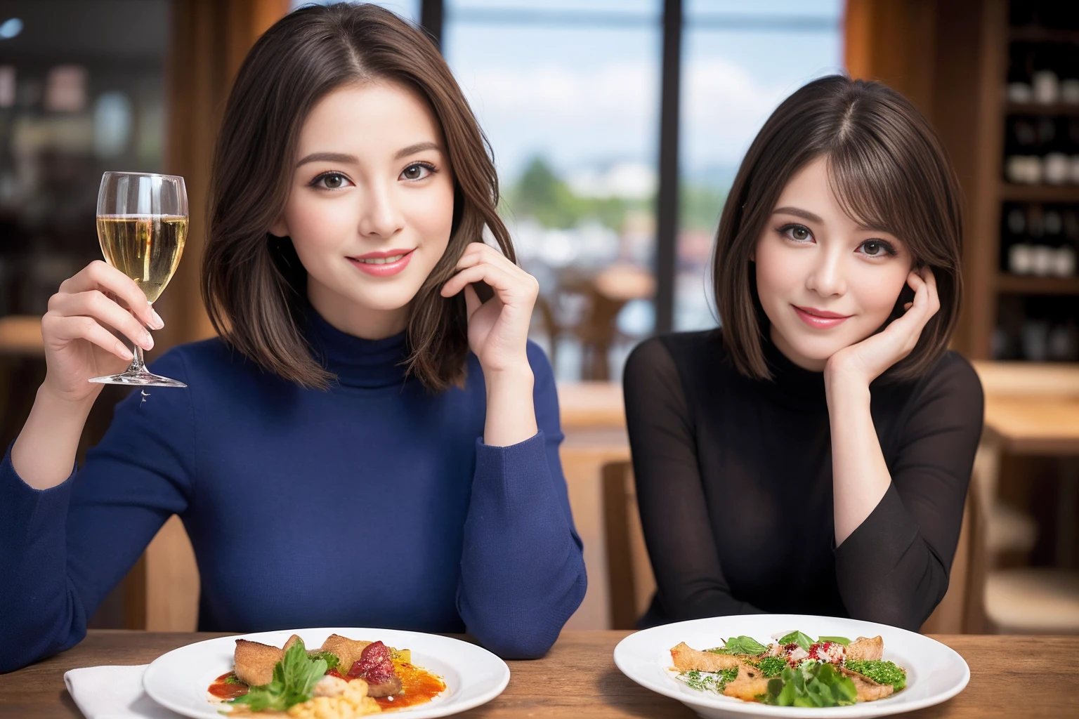 ((Highest quality、8K、masterpiece:1.3))、slimカップル、modelカップル、(Realistic, Intricate details:1.2), full-course dinner、Wine Party、Amazing view of the sunset sky and clouds、A bright smile、The wonderfulness of smile、Bright image、The beauty of wine, Beautiful Face, blue eyes, The light shines on your face, Blushing, short hair,Bright Face、 (Age 37), 44 years old, red wine 、Appetizers、Italian food、Wine bottle、Champagne、sparkling wine、Two beauties、Brown Hair、Shortcuts、Long sleeve shirt、dress、Beautiful woman 1, (slimな顔), (The body is slim), (Brown Hair), (Shortcuts), cheeks turn a little red,Attractive beauty、restaurant, In a prominent place (From the waist up) Nova Frog Style, actress, model, Upper Body, White wine, slim, wine glass, 中央に置かれたwine glass, smile, (smile: 1.15), Beautiful fine grain, Depth f/2,saturation, High Contrast, Strong light and shadow,Moist Body:1.5、3D texture、Delicate eyes、Brown Hair、The hair is very shiny、