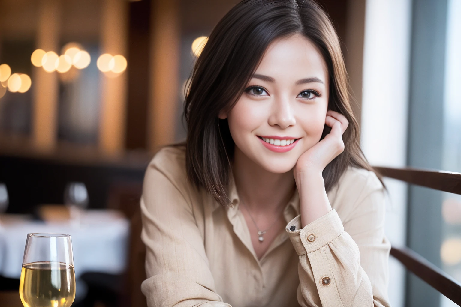 ((Highest quality、8K、masterpiece:1.3))、slimカップル、modelカップル、(Realistic, Intricate details:1.2), full-course dinner、Wine Party、Amazing view of the sunset sky and clouds、A bright smile、The wonderfulness of smile、Bright image、The beauty of wine, Beautiful Face, blue eyes, The light shines on your face, Blushing, short hair,Bright Face、 (Age 37), 44 years old, red wine 、Appetizers、Italian food、Wine bottle、Champagne、sparkling wine、Two beauties、Brown Hair、Shortcuts、Long sleeve shirt、dress、Beautiful woman 1, (slimな顔), (The body is slim), (Brown Hair), (Shortcuts), cheeks turn a little red,Attractive beauty、restaurant, In a prominent place (From the waist up) Nova Frog Style, actress, model, Upper Body, White wine, slim, wine glass, 中央に置かれたwine glass, smile, (smile: 1.15), Beautiful fine grain, Depth f/2,saturation, High Contrast, Strong light and shadow,Moist Body:1.5、3D texture、Delicate eyes、Brown Hair、The hair is very shiny、