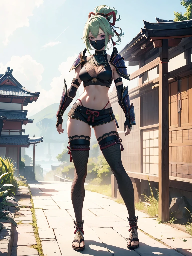 ((1girl, solo)), (((cowboy shot))), (legs apart:1.5), standing, beautiful body, ((perfect anatomy, perfect body, perfect legs)), (perfect hands:1.5), natural proportions, sexy body, (large breasts:1.5), (full body, full-body shot, full body front:1.5) BREAK
((extremely detailed face)), (beautiful detailed eyes:1.6), (realistic pupils, realistic iris:1), expressive eyes, looking at viewer, (clear eyes:1.3), (hyperrealistic:1.2), (detailed skin texture:1.2), smooth skin, kuki shinobu, purple eyes, green hair, ((mouth mask)), perfect face, perfect eyes BREAK
ninja, (revealing clothes:1.5), (samurai armor:1.5), (fishnet top:1.5), (crop top:1.5), cleavage, (shoulder armor:1.3), (arm guard:1.5), partially fingerless gloves, midriff, (short shorts:1.5), black shorts, ((black thighhighs)), (((greaves))), (highleg:1.5), thighs, ass visible through thighs, sandals, tassel BREAK
outdoor, day, japanese building, east asian architecture BREAK
(masterpiece:1.5), anime-style, top quality, best quality, (beautiful and aesthetic:1.2), (ultra detail:1.5), Ultra-detailed depiction, Ultra-precise depiction, extremely detailed 8k illustration, high resolution, (highly detailed shading:1.2), (realistic lighting:1.4), perfect lighting, vibrant colors, dynamic tones, striking hues, 8k, absurd resolution, perfect shadows, hdr, UHD, ambient lighting, realistic, ultra-realistic, photo realistic, highly detailed, rich detail, luminous colors, fine texture, intricate design, professional illustration, (soft light:1.2), (illustration:0.7)