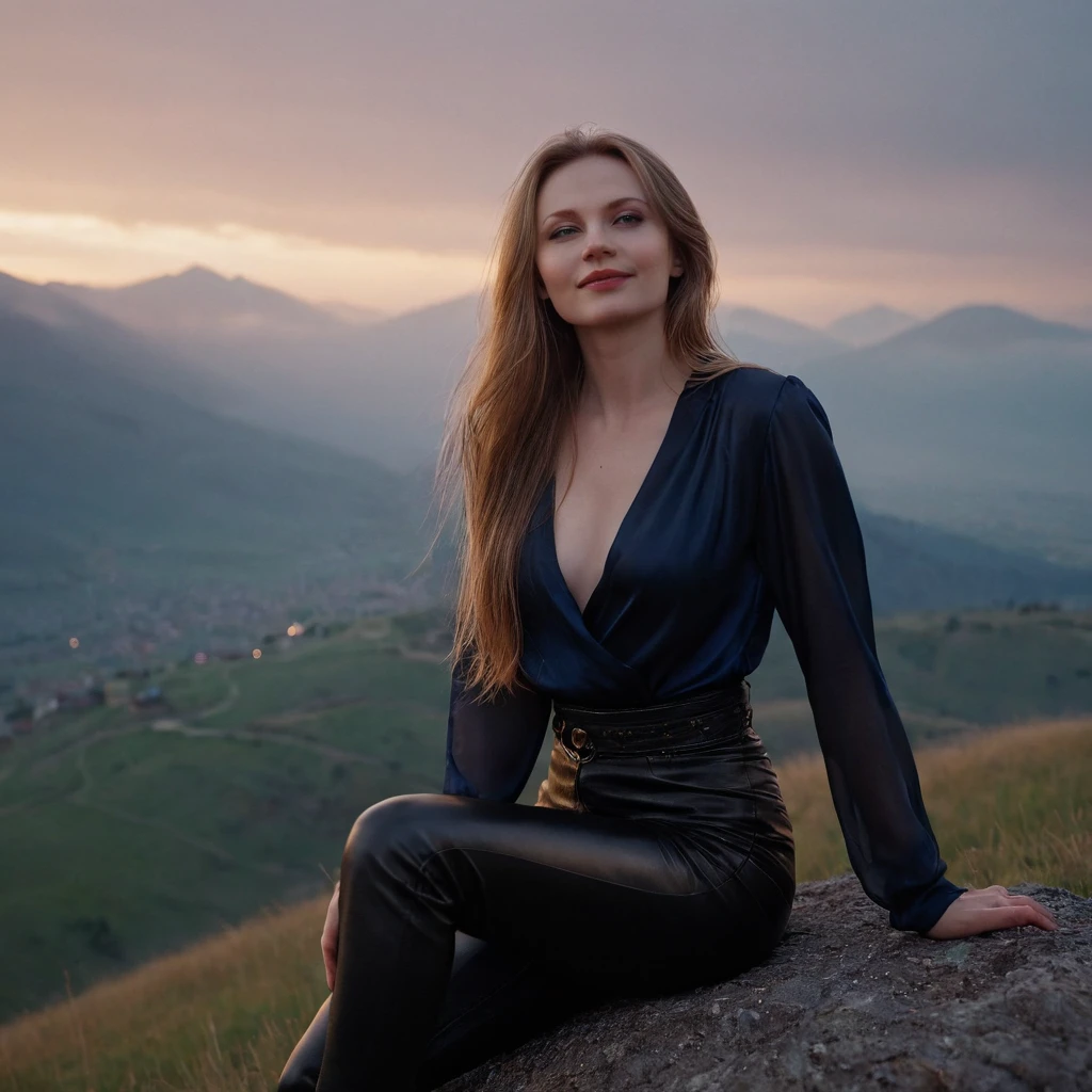 beautiful evil slavic woman, pale skin, long dark blond hair, muscular, Sitting on a hill, She wears a black silk blouse and leather pants, mountains, The fog is creeping,Low clouds lie in the valley, Indigo, sunset, Photo, smile, whole body, Sharp Focus, dynamic sexy pose, helios 44-2, swirling bokeh, Sharp Focus, complex parts, high detail, sharpness, character portrait, perfect lighting, masterpiece, Detailed backstory, Cinematic lighting, 8 k