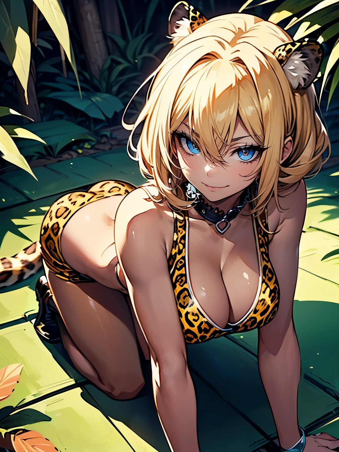 ((Seductive lady:1.3, solo:1.5))、((fusion of leopard and lady:1.4))、((all fours:1.2, full body))、((hip up))、((arched back:1.3))、((yellow color, spats:1.2))、((dark skin))、blonde hair、((looking up at viewer:1.2))、((from above:1.2))、((Being in jungle:1.3))、erect nipples、((crop top navel:1.2))、((cleavage))、((Slender body))、((sleeveless:1.2))、((collarbone))、((Glossy realistic skin texture))、((shiny skin))、masterpiece, ultra-detailliert, 8k, hiquality, Top image quality, Smooth texture、watercolor