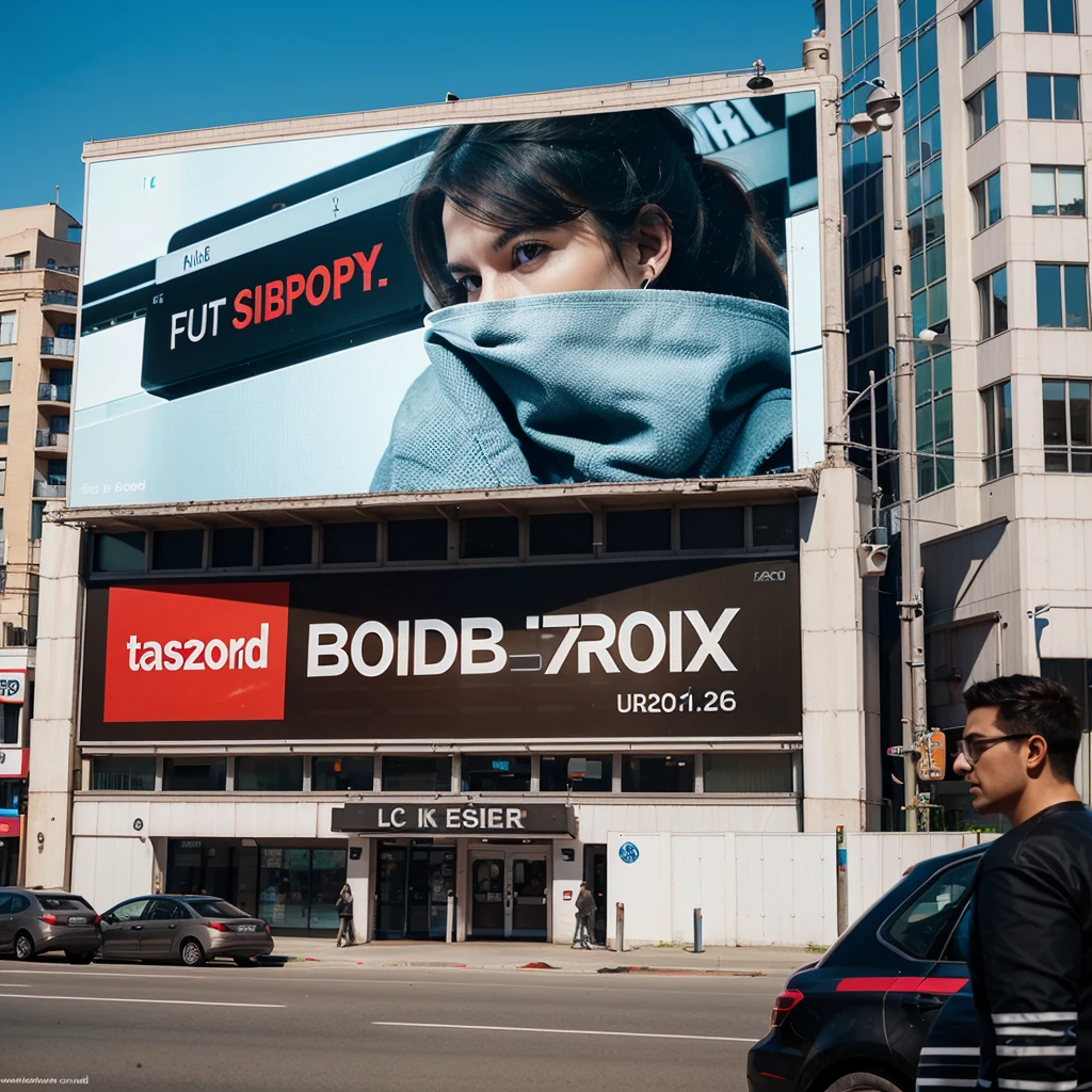 Create a mockup of a modern billboard advertisement for a new tech gadget in a busy urban area.