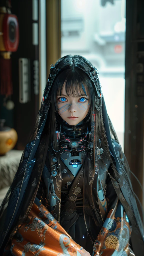 Ultra-detailed, master piece, best quality, high resolution,  detailed eyes, detailed face, (Neo Tokyo:1.5), (Cyberpunk:1.5), (Fusion with Machine:1.5), , very pretty and beautiful, girl with mysterious atmosphere, ghost,  in appearance, graceful in traditional Japanese costume and design, (beautiful light blue eyes:1.5), (light blue plasma around her:1.5), bio-mechanical, traditional Japanese room with elegance, long black hair, bangs, face, hands, design and (light blue plasma surrounds), biomechanical, Japanese traditional noble Japanese room, long black hair, bangs, face, hands, designs and decorations are detailed and clearly drawn, ultra realistic and realistic image with super high resolution