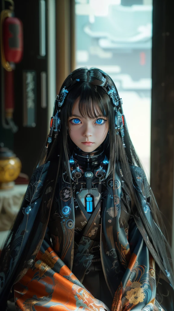 Ultra-detailed, master piece, best quality, high resolution,  detailed eyes, detailed face, (Neo Tokyo:1.5), (Cyberpunk:1.5), (Fusion with Machine:1.5), , very pretty and beautiful, girl with mysterious atmosphere, ghost,  in appearance, graceful in traditional Japanese costume and design, (beautiful light blue eyes:1.5), (light blue plasma around her:1.5), bio-mechanical, traditional Japanese room with elegance, long black hair, bangs, face, hands, design and (light blue plasma surrounds), biomechanical, Japanese traditional noble Japanese room, long black hair, bangs, face, hands, designs and decorations are detailed and clearly drawn, ultra realistic and realistic image with super high resolution