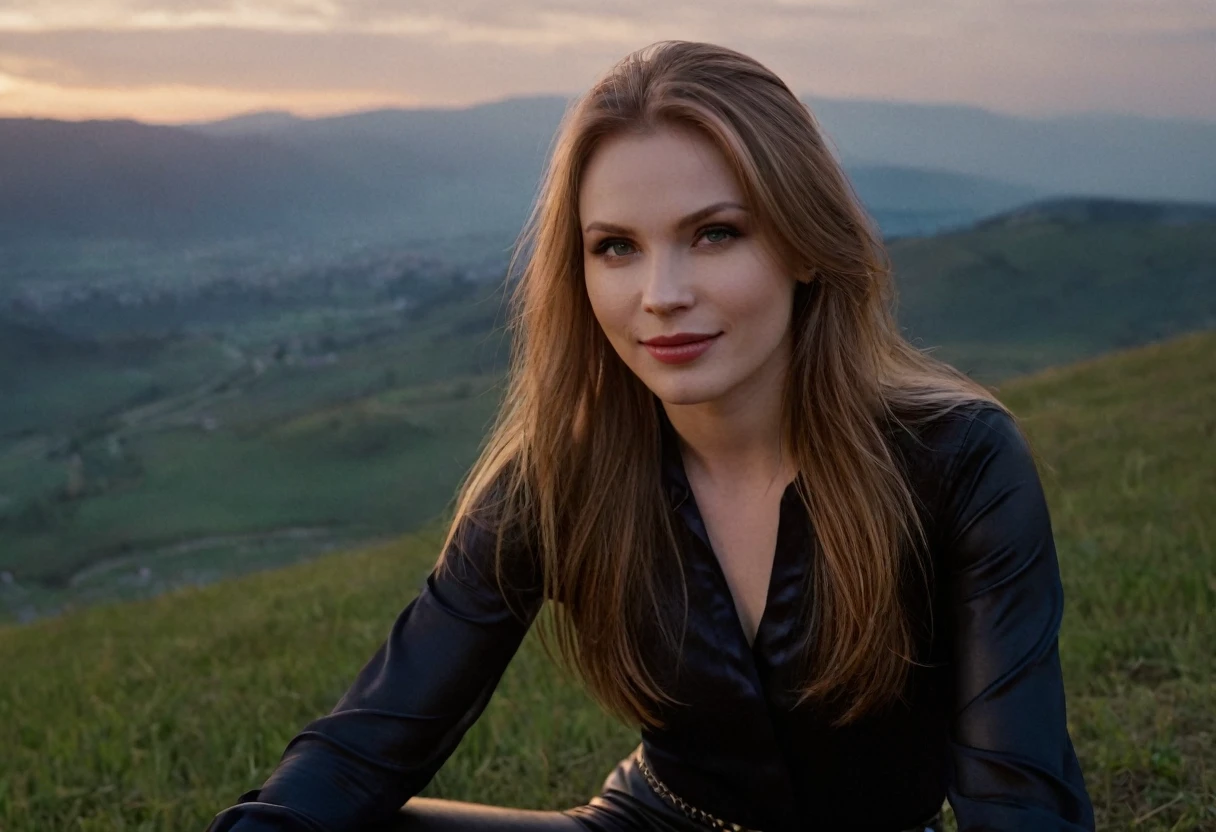 beautiful evil slavic woman, pale skin, long dark blond hair, muscular, Sitting on a hill, She wears a black silk blouse and leather pants, mountains, The fog is creeping,Low clouds lie in the valley, Indigo, sunset, Photo, smile, whole body, Sharp Focus, dynamic sexy pose, helios 44-2, swirling bokeh, Sharp Focus, complex parts, high detail, sharpness, character portrait, perfect lighting, masterpiece, Detailed backstory, Cinematic lighting, 8 k