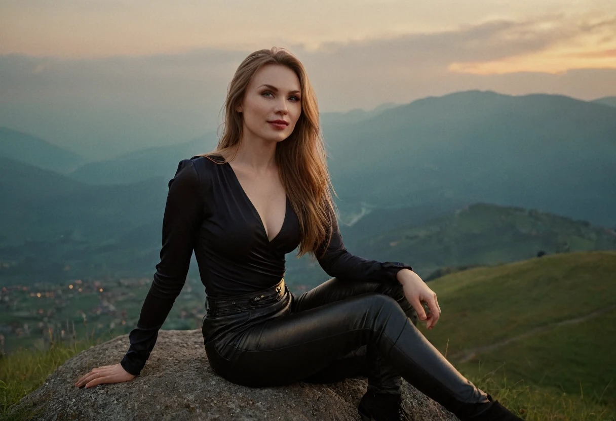 beautiful evil slavic woman, pale skin, long dark blond hair, muscular, Sitting on a hill, She wears a black silk blouse and leather pants, mountains, The fog is creeping,Low clouds lie in the valley, Indigo, sunset, Photo, smile, whole body, Sharp Focus, dynamic sexy pose, helios 44-2, swirling bokeh, Sharp Focus, complex parts, high detail, sharpness, character portrait, perfect lighting, masterpiece, Detailed backstory, Cinematic lighting, 8 k