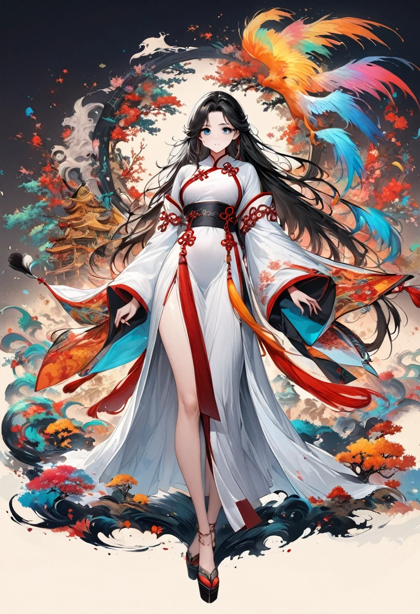 （Beautiful girl in white clothes），Full body standing，Wide sleeves，Big watery eyes，Beautiful face and smooth fair skin，Delicate face，Black long hair，Chinese Beauty，Dressed in ancient Chinese costumes，gossamer，rich and colorful，Bright and colorful，Vibrant digital illustrations，（Clean background），Ink painting style，Clean colors，Decisive cuts，A blank slate，masterpiece， Ultra-delicate，Epic Composition，high quality，Highest quality，4K