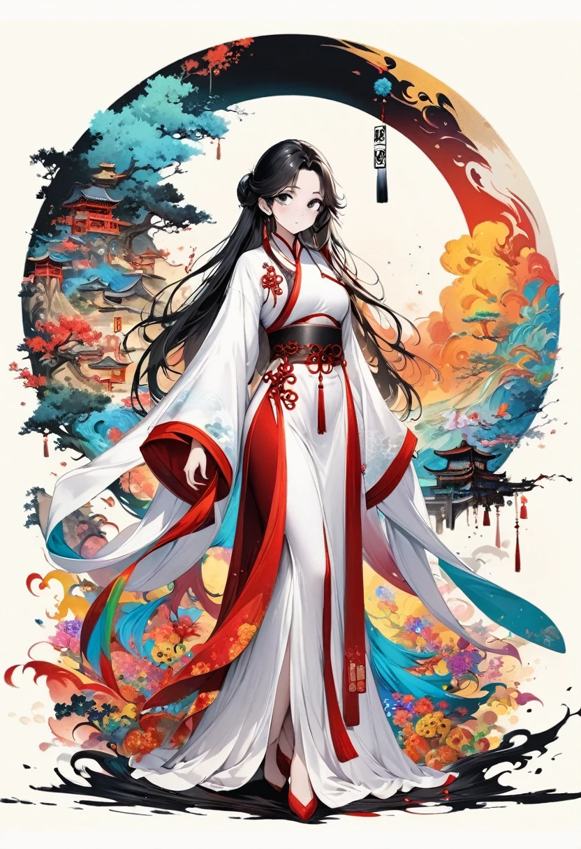 （Beautiful girl in white clothes），Full body standing，Wide sleeves，Big watery eyes，Beautiful face and smooth fair skin，Delicate face，Black long hair，Chinese Beauty，Dressed in ancient Chinese costumes，gossamer，rich and colorful，Bright and colorful，Vibrant digital illustrations，（Clean background），Ink painting style，Clean colors，Decisive cuts，A blank slate，masterpiece， Ultra-delicate，Epic Composition，high quality，Highest quality，4K