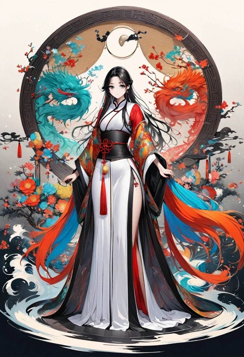 (Beautiful girl in white clothes),Full body standing,Wide sleeves,Big watery eyes,Beautiful face and smooth fair skin,Delicate face,Black long hair,Chinese Beauty,Dressed in ancient Chinese costumes,gossamer,rich and colorful,Bright and colorful,Vibrant digital illustrations,(Clean background),Ink painting style,Clean colors,Decisive cuts,A blank slate,masterpiece, Ultra-delicate,Epic Composition,high quality,Highest quality,4K