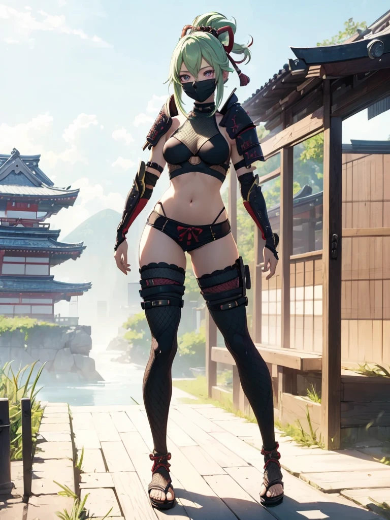 ((1girl, solo)), (((cowboy shot))), (legs apart:1.5), standing, beautiful body, ((perfect anatomy, perfect body, perfect legs)), (perfect hands:1.5), natural proportions, sexy body, (large breasts:1.5), (full body, full-body shot, full body front:1.5) BREAK
((extremely detailed face)), (beautiful detailed eyes:1.6), (realistic pupils, realistic iris:1), expressive eyes, looking at viewer, (clear eyes:1.3), (hyperrealistic:1.2), (detailed skin texture:1.2), smooth skin, kuki shinobu, purple eyes, green hair, ((mouth mask)), perfect face, perfect eyes BREAK
ninja, (revealing clothes:1.5), (samurai armor:1.5), (fishnet top:1.5), (crop top:1.5), cleavage, (shoulder armor:1.3), (arm guard:1.5), partially fingerless gloves, midriff, (short shorts:1.5), black shorts, ((black thighhighs)), (((greaves))), (highleg:1.5), thighs, ass visible through thighs, sandals, tassel BREAK
outdoor, day, japanese building, east asian architecture BREAK
(masterpiece:1.5), anime-style, top quality, best quality, (beautiful and aesthetic:1.2), (ultra detail:1.5), Ultra-detailed depiction, Ultra-precise depiction, extremely detailed 8k illustration, high resolution, (highly detailed shading:1.2), (realistic lighting:1.4), perfect lighting, vibrant colors, dynamic tones, striking hues, 8k, absurd resolution, perfect shadows, hdr, UHD, ambient lighting, realistic, ultra-realistic, photo realistic, highly detailed, rich detail, luminous colors, fine texture, intricate design, professional illustration, (soft light:1.2), (illustration:0.7)