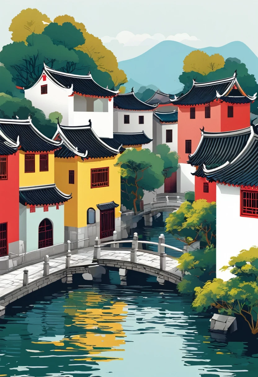geometry,Simple,Vector illustration,Jiangnan Water Village