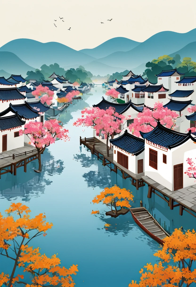 geometry，Simple，Vector illustration，Jiangnan Water Village