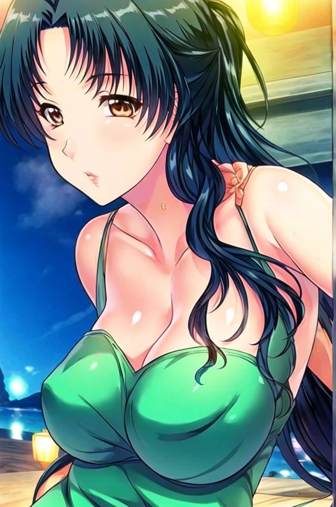 green_dress ,just_shoulder, clavicle, just legs, black_hair,茶color_eye,hair_ornament,hairclip,ponytail, Single Blade, 前hair, 1 Girl, woman,beautiful Finger,beautiful long legs,beautiful body,beautiful Nose,beautiful character design, perfect eye, perfect face,expressive eye, View your viewers, centered in picture,(Light_笑face:0.5), Official Art,非常に詳細な CG ユニティ 8K 壁紙, perfect Lighting,colorful, bright_front_face_Lighting,Shiny skin,Big Breasts,blackランジェリー,Lace top stockings, (masterpiece:1.0),(Highest_quality:1.0), 超High resolution,4K,Super detailed, photograph, 8K, High resolution, High resolution, Absurd:1.2, 400 for Kodak Port, Film Grain, Blurred Background, Bokeh:1.2, Lens flare, (Vibrant_color:1.2) (beautiful,big_chest:1.0), (beautiful_face:1.5),(narrow_Waist)