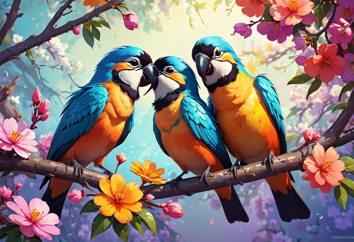 Two colorful birds perched on a tree branch with flowers in the background, Kiss on the cheek,Beautiful digital art, Colors with attention to detail, Highly detailed digital artwork, 鳥 f cgsociety, cgsociety Saturated colors, Highly detailed color low poly art, Highly detailed digital art, Vibrant and realistic colors, Beeple and Jeremiah Kettner, Colorful digital painting, Amazing digital illustrations, high quality digital painting