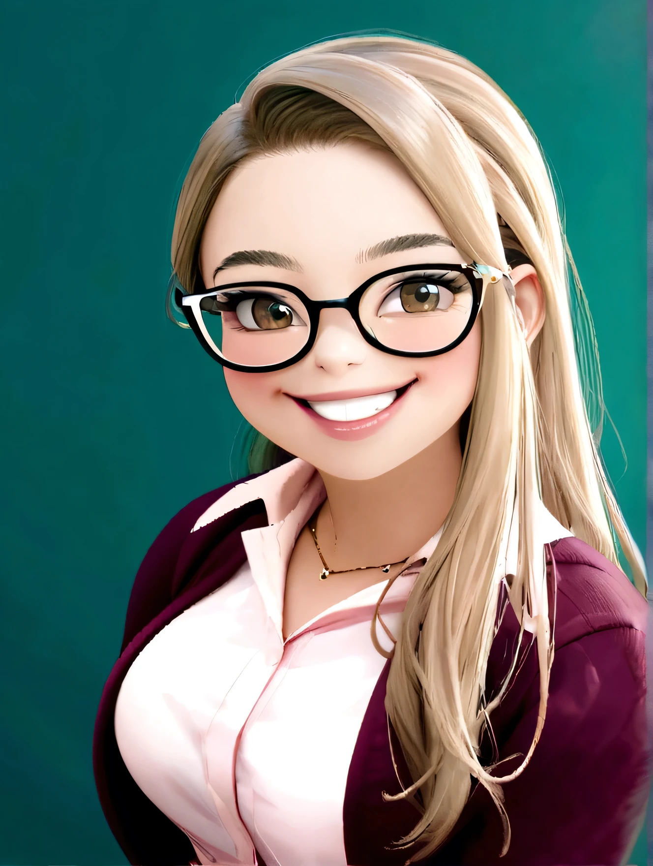 Pixar style image with 3D character white prescription glasses woman long straight hair dark brown eyes dancing, Disney makeup,fisherman, cute, smiling ,close up, pixar, Disney, cinema lighting,