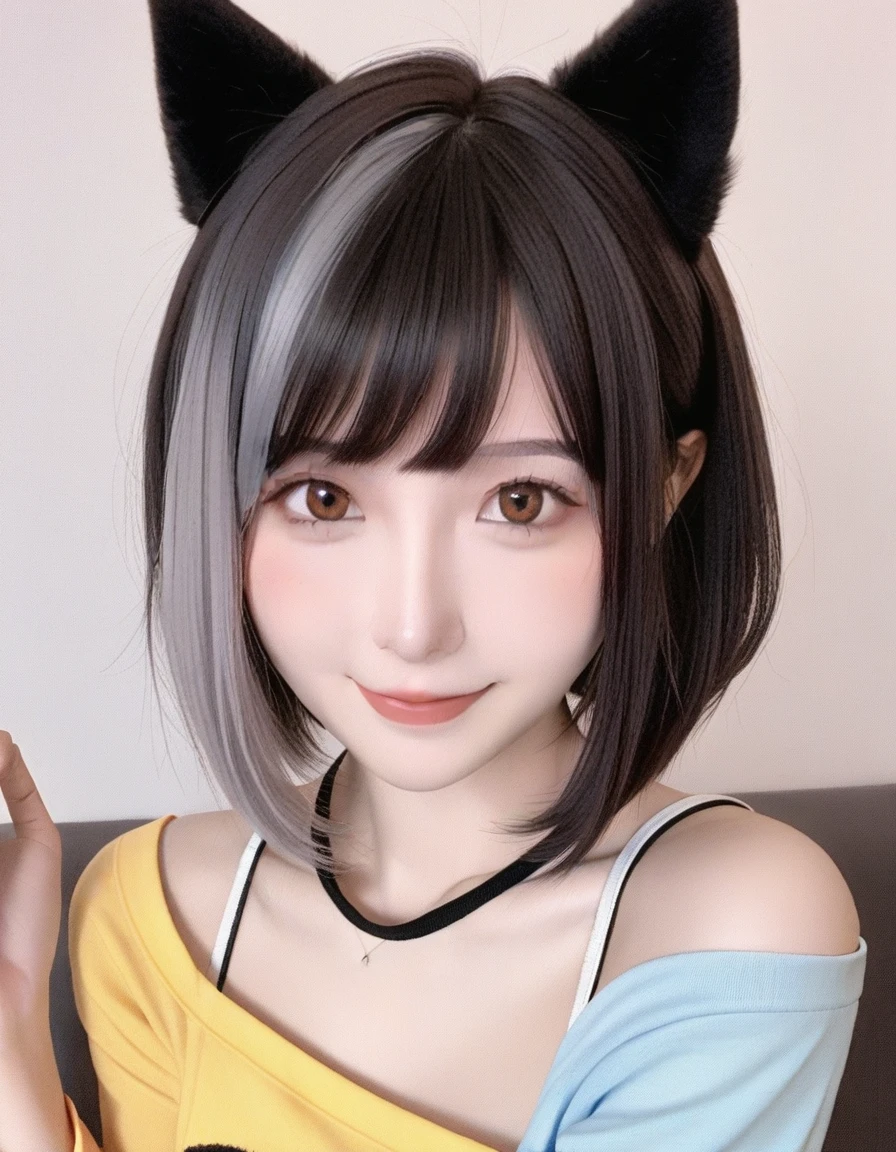 One girl, 
score_9, score_8_superior, score_7_superior, alone, See-through, Animal ears, Black Hair, Brown eyes, tail, short hair, :3, Grey Hair, Dog Girl, Dog Ears, Multicolored Hair, Two-tone hair, blush, smile, Extra ears,