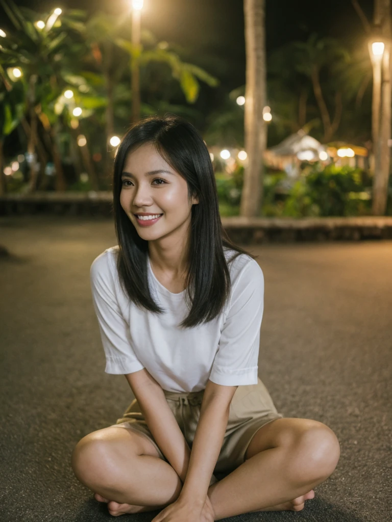 Jasmine, 1girl, solo, realistic, photorealistic, high quality picture, 8k, high resolution, detailed quality, film grain, natural photo, ultrarealistic, (((25-years-old))), ((detailed wrinkles in her face)), FILIPINA, (Background: Thailand), (((SLIM))), ((THIN)), (Slender) ((Jet-black hair)), Light smile, fully clothed, Pose: Sitting, ((sitting along Thailand)), Night time, full shot