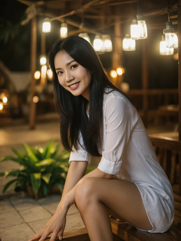 Jasmine, 1girl, solo, realistic, photorealistic, high quality picture, 8k, high resolution, detailed quality, film grain, natural photo, ultrarealistic, (((25-years-old))), ((detailed wrinkles in her face)), FILIPINA, (Background: Thailand), (((SLIM))), ((THIN)), (Slender) ((Jet-black hair)), Light smile, fully clothed, Pose: Sitting, ((sitting along Thailand)), Night time, full shot
