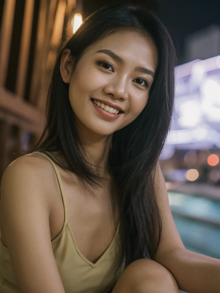 Jasmine, 1girl, solo, realistic, photorealistic, high quality picture, 8k, high resolution, detailed quality, film grain, natural photo, ultrarealistic, (((25-years-old))), ((detailed wrinkles in her face)), FILIPINA, (Background: Thailand), (((SLIM))), ((THIN)), (Slender) ((Jet-black hair)), Light smile, fully clothed, Pose: Sitting, ((sitting along Thailand)), Night time, full shot