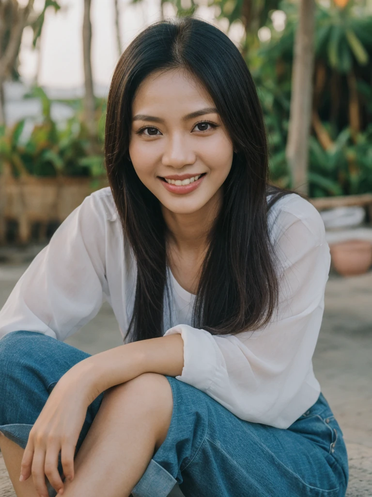 Jasmine, 1girl, solo, realistic, photorealistic, high quality picture, 8k, high resolution, detailed quality, film grain, natural photo, ultrarealistic, (((25-years-old))), ((detailed wrinkles in her face)), FILIPINA, (Background: Thailand), (((SLIM))), ((THIN)), (Slender) ((Jet-black hair)), Light smile, fully clothed, Pose: Sitting, ((sitting along Thailand)), Night time, full shot