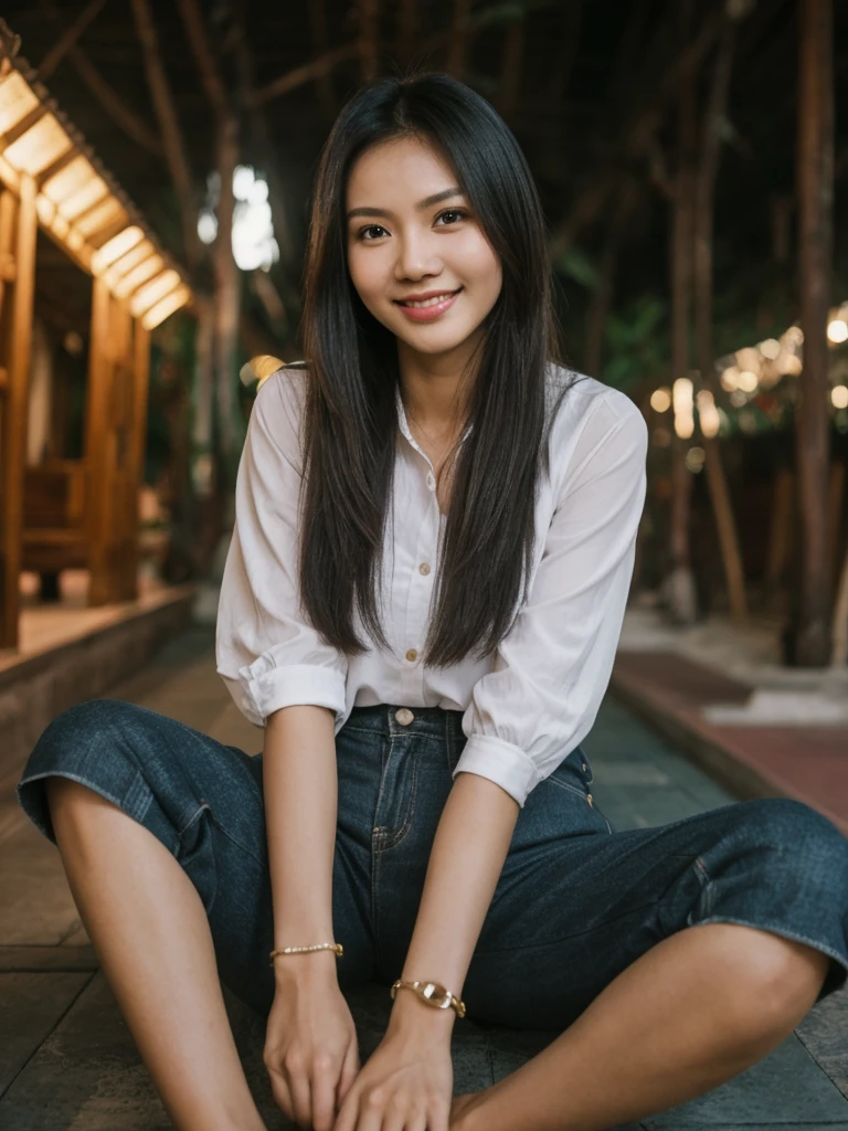 Jasmine, 1girl, solo, realistic, photorealistic, high quality picture, 8k, high resolution, detailed quality, film grain, natural photo, ultrarealistic, (((25-years-old))), ((detailed wrinkles in her face)), FILIPINA, (Background: Thailand), (((SLIM))), ((THIN)), (Slender) ((Jet-black hair)), Light smile, fully clothed, Pose: Sitting, ((sitting along Thailand)), Night time, full shot