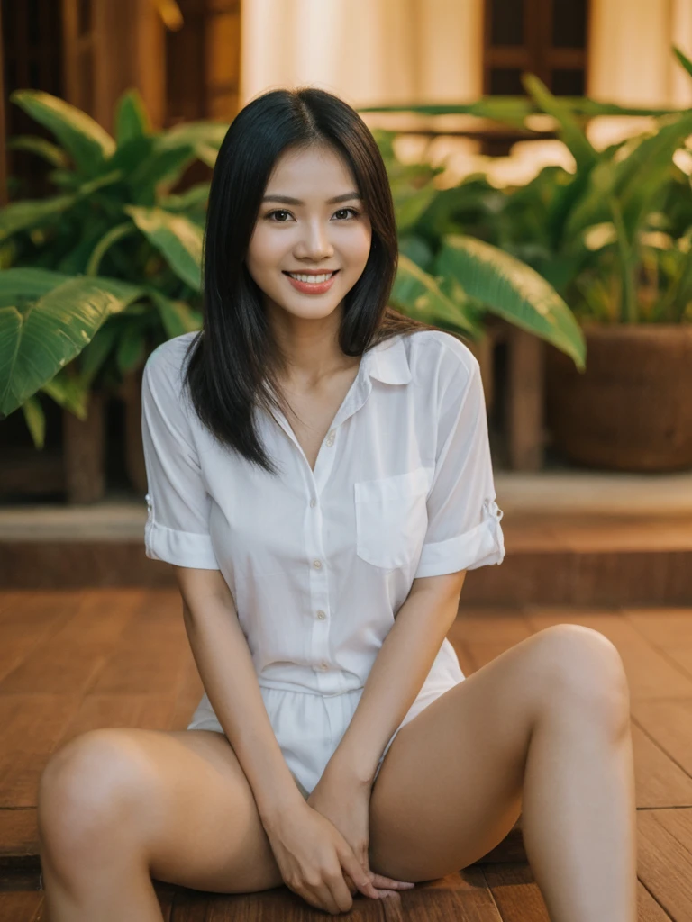 Jasmine, 1girl, solo, realistic, photorealistic, high quality picture, 8k, high resolution, detailed quality, film grain, natural photo, ultrarealistic, (((25-years-old))), ((detailed wrinkles in her face)), FILIPINA, (Background: Thailand), (((SLIM))), ((THIN)), (Slender) ((Jet-black hair)), Light smile, fully clothed, Pose: Sitting, ((sitting along Thailand)), Night time, full shot
