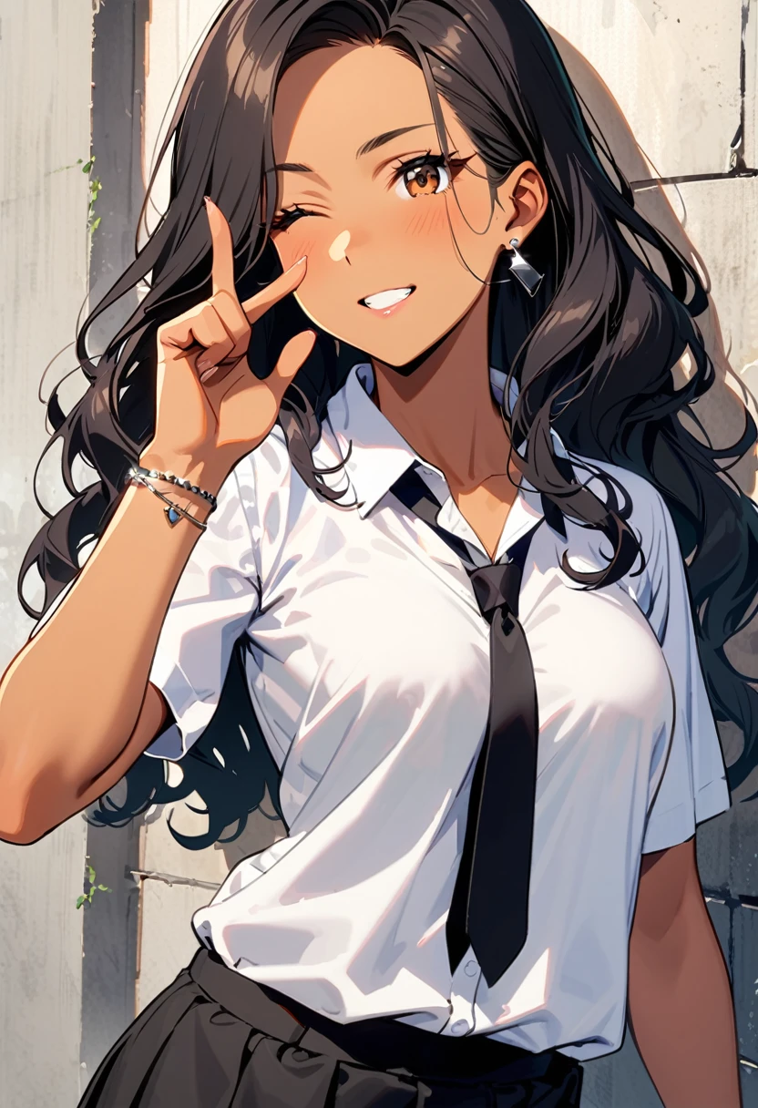 a woman, 19-years-old, solo, mature face, average height, tan skin, (long black wavy hair that's parted in the middle, no bangs:1.2), brown eyes, winking, one eye closed, white blouse, short sleeves, black necktie, black high-waisted skirt, small silver earrings, silver bracelet, leaning back against concrete pillar, concrete walls, indoor, playfully biting finger