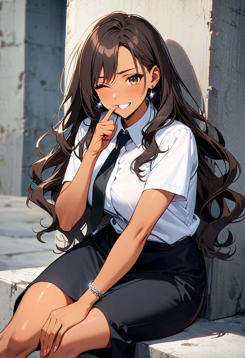 a woman, 19-years-old, solo, mature face, average height, tan skin, (long black wavy hair that's parted in the middle, no bangs:1.2), brown eyes, winking, one eye closed, white blouse, short sleeves, black necktie, black high-waisted skirt, small silver earrings, silver bracelet, leaning back against concrete pillar, concrete walls, indoor, playfully biting finger
