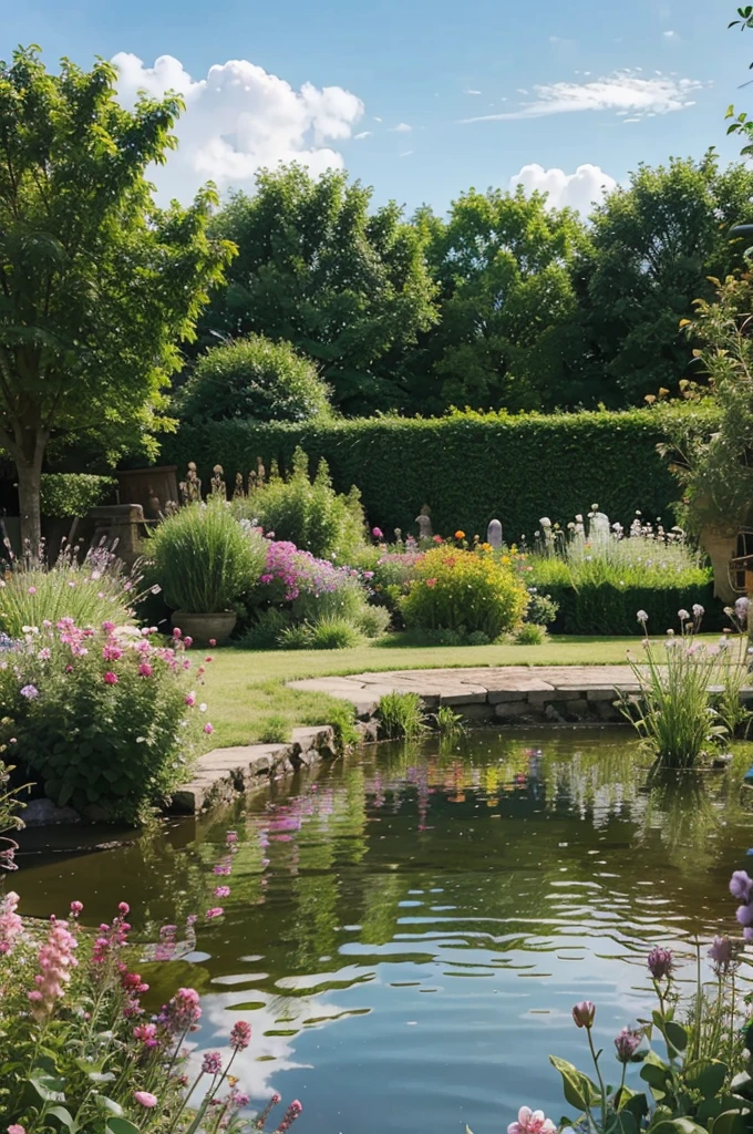 illustration of a beautiful garden with flowers and lake