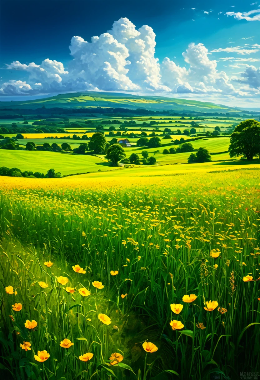 Summer fields (Painterly Style), realistic, highly realistic, meticulously detailed, breathtakingly realistic, high-contrast realism, high-saturation realism, vibrant colors, dramatic lighting, enchanting landscapes, compelling storytelling, atmospheric scenes, mesmerizing visuals, intricate details, powerful emotions, ethereal beauty, dreamlike worlds