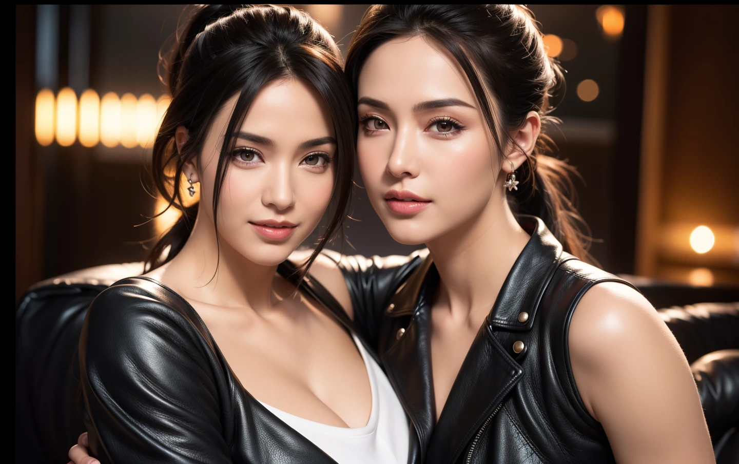 A gorgeous busty woman, beautiful detailed eyes, beautiful detailed lips, extremely detailed face, long eyelashes, ponytail, leather jacket, lady bikers, beautiful detailed smile, beautiful detailed teeth, pov, lovers, cinematic dramatic lighting, (best quality,4k,8k,highres,masterpiece:1.2),ultra-detailed,(realistic,photorealistic,photo-realistic:1.37),hdr,uhd,studio lighting,ultra-fine painting,sharp focus,physically-based rendering,extreme detail description,professional,vivid colors,bokeh,portrait,photorealistic,cinematic