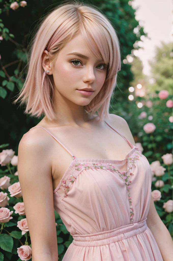 8k, RAW photo, Fujifilm, style photo of a beautiful young woman as avril in a garden of light pink roses (highly detailed skin: 1.2) Style-Petal BREAK short hair, blonde hair with colored locks, wearing a dress, film granulation, 35mm, cute style
