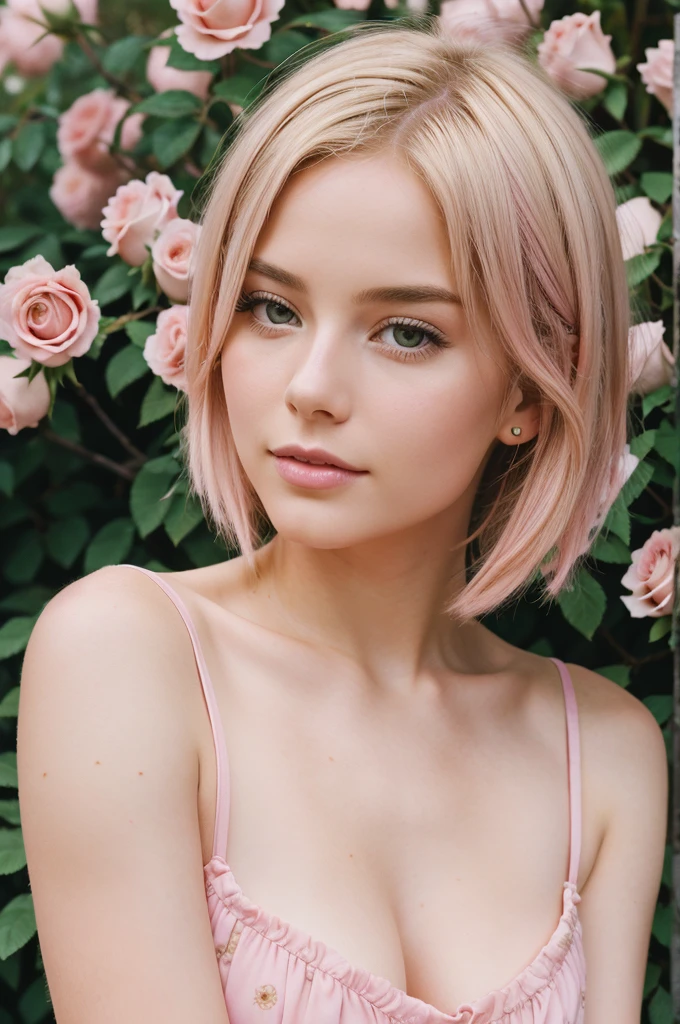 8k, RAW photo, Fujifilm, style photo of a beautiful young woman as avril in a garden of light pink roses (highly detailed skin: 1.2) Style-Petal BREAK short hair, blonde hair with colored locks, wearing a dress, film granulation, 35mm, cute style
