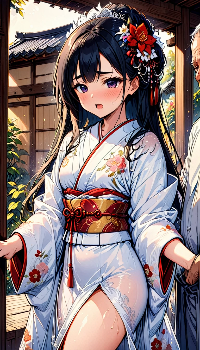 A beautiful 15-year-old princess from the Sengoku period with long black hair　Gorgeous embroidery, Ultra glossy, She is wearing a shiny Japanese wedding kimono worn by brides（white without dirt）I am wearing....  On her wedding night, she has intense sex with an older man