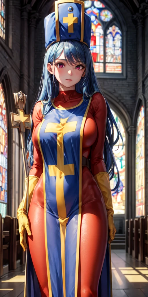 masterpiece, best quality, 4k, 8k, priest \(dq3\), 1girl, solo, long hair, blue hair, red eyes, mitre, tabard, cross print, orange bodysuit, elbow gloves, large breasts, holding staff, church, Stained glass, holylight, cowboy shot, from front, look at viewer, standing