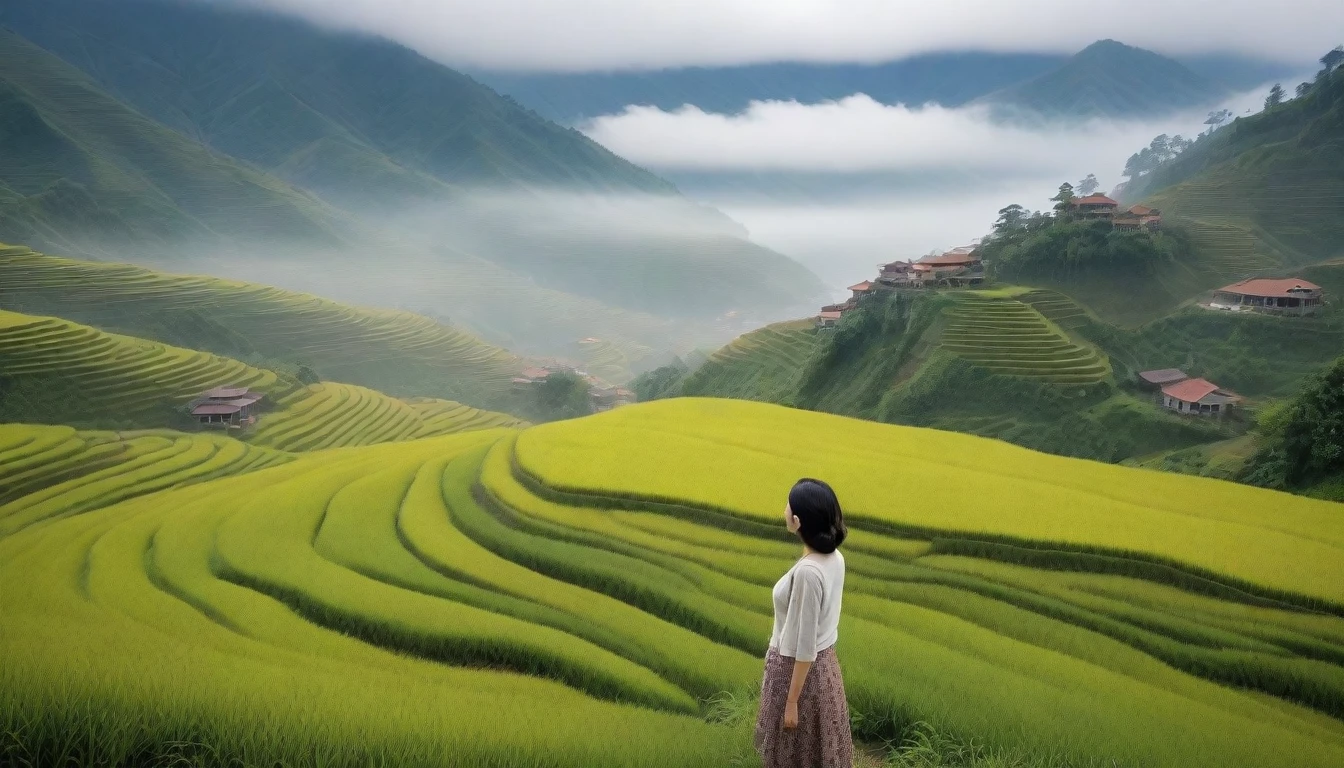 Beautiful Korean Woman, Chest size 34 inches, Wearing a sleeveless cardigan, wear a light skirt, Foggy scenery of Sapa, Vietnam, A terraced rice field is visible, short medium hair, Taken from a distance with a wide angle lens, Realistic living landscape, Front photo facing the camera, best picture quality