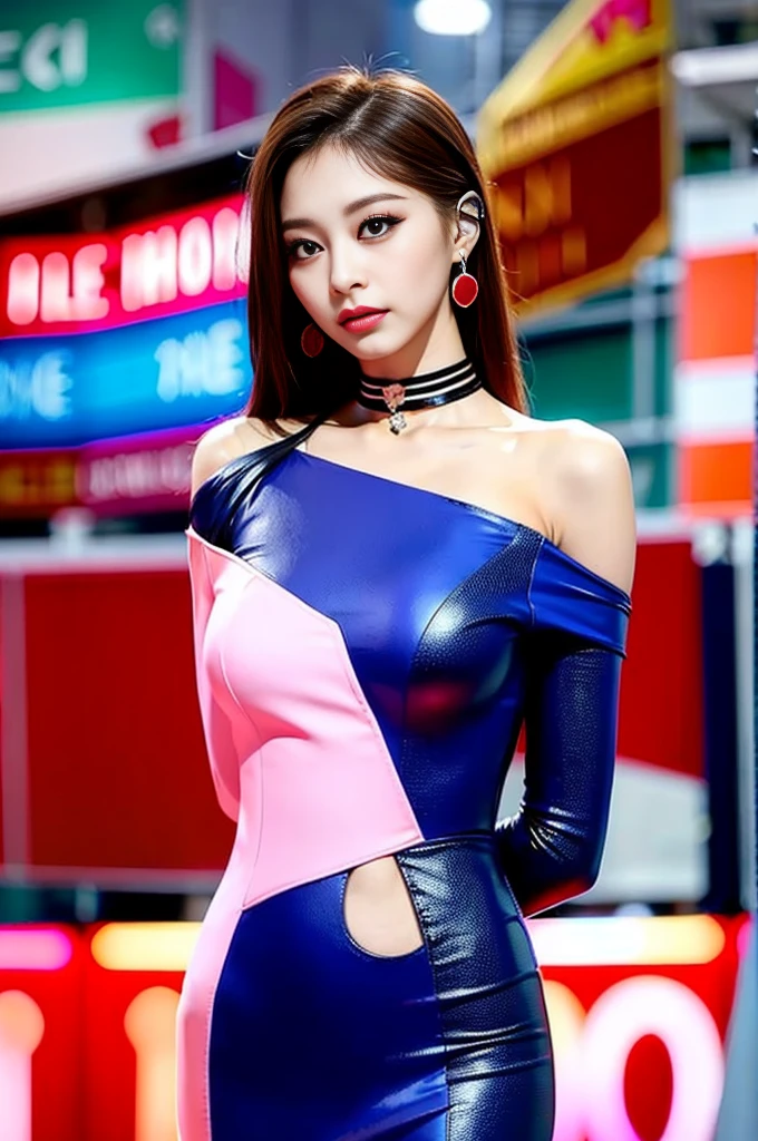 Tzuyu 1, woman, (Realistic), (Hyperrealism), (photoRealistic), Written boundary depth, eye make up:0.6 (whole body:2.0), (Large Bust),(Tight waist), Observe the audience,In the pits of a race track, Race Queen, A sexy dress with open shoulders and neckline