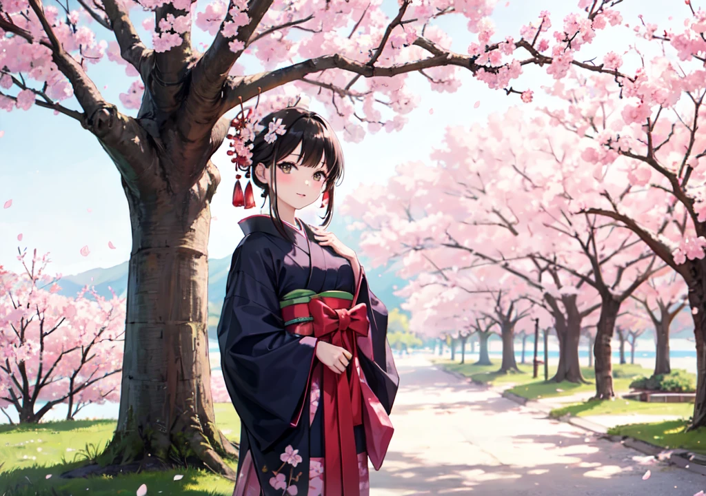 Cherry Blossom Dream: "A beautiful girl in a traditional Japanese kimono, standing under a canopy of cherry blossoms, with petals gently falling around her."