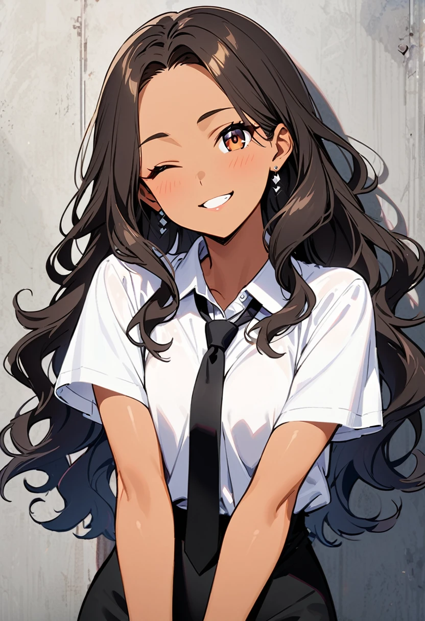 a woman, 19-years-old, solo, mature face, average height, tan skin, (long black wavy hair that's parted in the middle, no bangs:1.2), brown eyes, winking, one eye closed, white blouse, short sleeves, black necktie, black high-waisted skirt, small silver earrings, silver bracelet, leaning back against concrete pillar, concrete walls, indoor, playfully biting finger