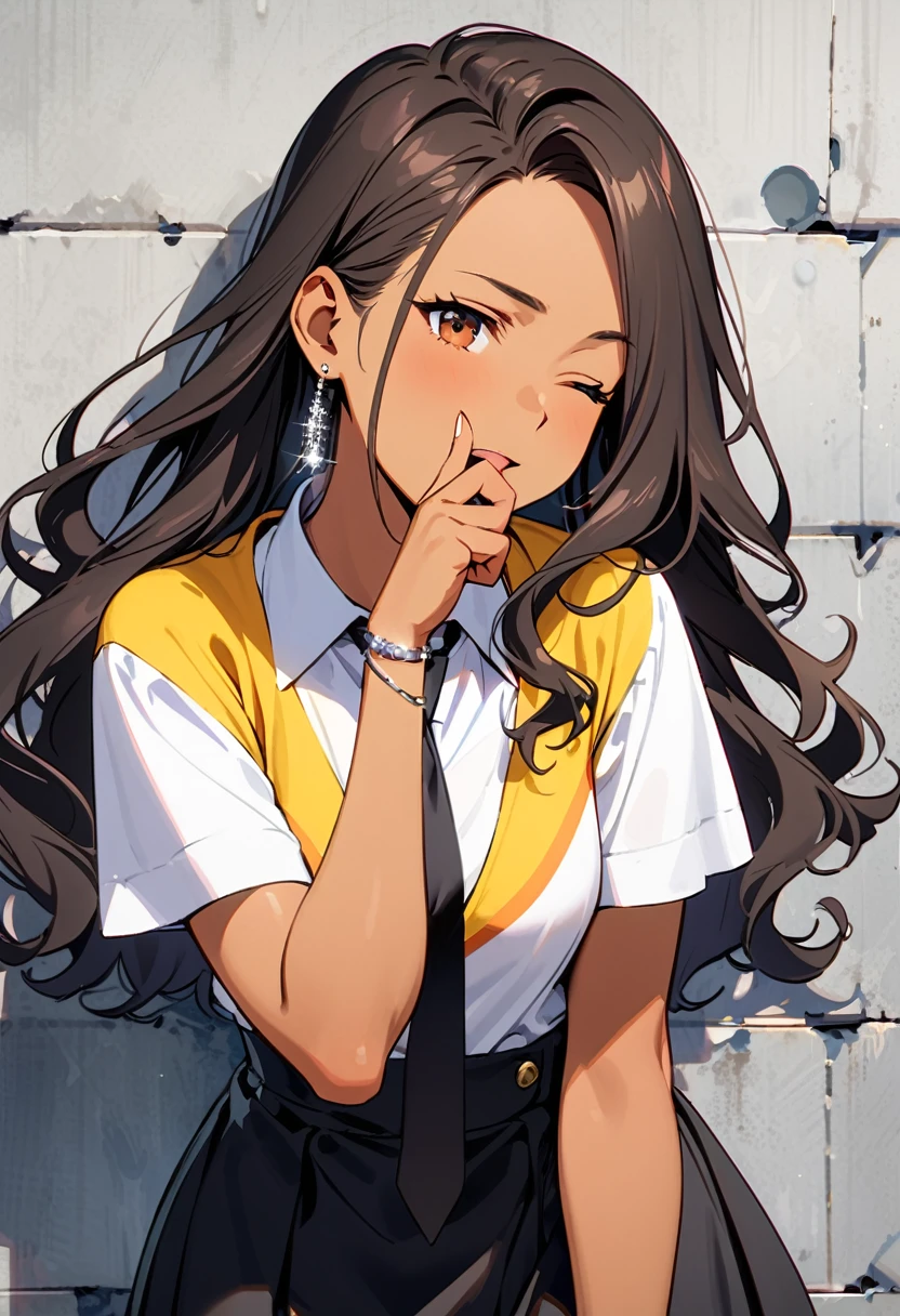 a woman, 19-years-old, solo, mature face, average height, tan skin, (long black wavy hair that's parted in the middle, no bangs:1.2), brown eyes, winking, one eye closed, white blouse, short sleeves, black necktie, black high-waisted skirt, small silver earrings, silver bracelet, leaning back against concrete pillar, concrete walls, indoor, playfully biting finger