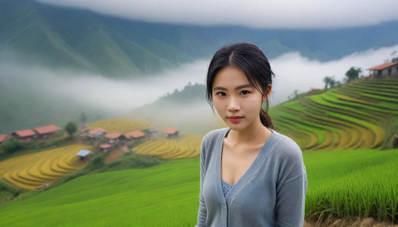 Beautiful Korean Woman, Chest size 34 inches, Wearing a sleeveless cardigan, wear a light skirt, Foggy scenery of Sapa, Vietnam, A terraced rice field is visible, short medium hair, Taken from a distance with a wide angle lens, Realistic living landscape, Front photo looking at the camera from afar, best picture quality