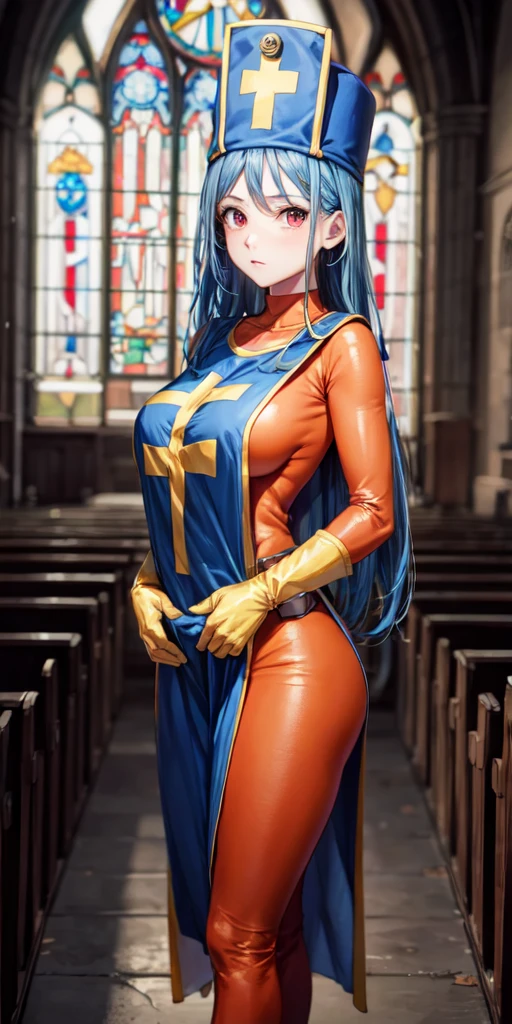 masterpiece, best quality, 4k, 8k, priest \(dq3\), 1girl, solo, long hair, blue hair, red eyes, mitre, tabard, cross print, orange bodysuit, elbow gloves, large breasts, praying, church, Stained glass, holylight, cowboy shot, from front, look at viewer, standing