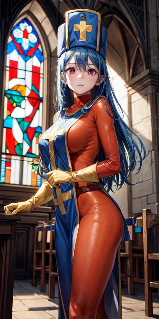 masterpiece, best quality, 4k, 8k, priest \(dq3\), 1girl, solo, long hair, blue hair, red eyes, mitre, tabard, cross print, orange bodysuit, elbow gloves, large breasts, praying, church, Stained glass, holylight, cowboy shot, from front, look at viewer, standing