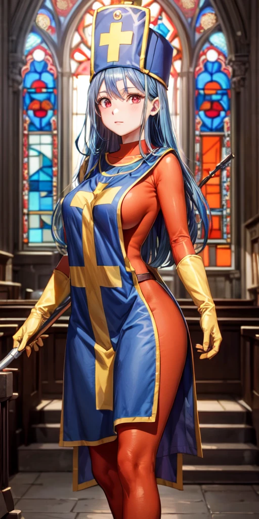 masterpiece, best quality, 4k, 8k, priest \(dq3\), 1girl, solo, long hair, blue hair, red eyes, mitre, tabard, cross print, orange , elbow gloves, , holding staff, church, Stained glass, holylight, cowboy shot, from front, look at viewer, standing