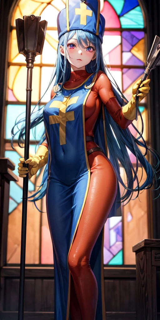 masterpiece, best quality, 4k, 8k, priest \(dq3\), 1girl, solo, long hair, blue hair, red eyes, mitre, tabard, cross print, orange bodysuit, elbow gloves, large breasts, holding staff, church, Stained glass, holylight, cowboy shot, from front, look at viewer, standing