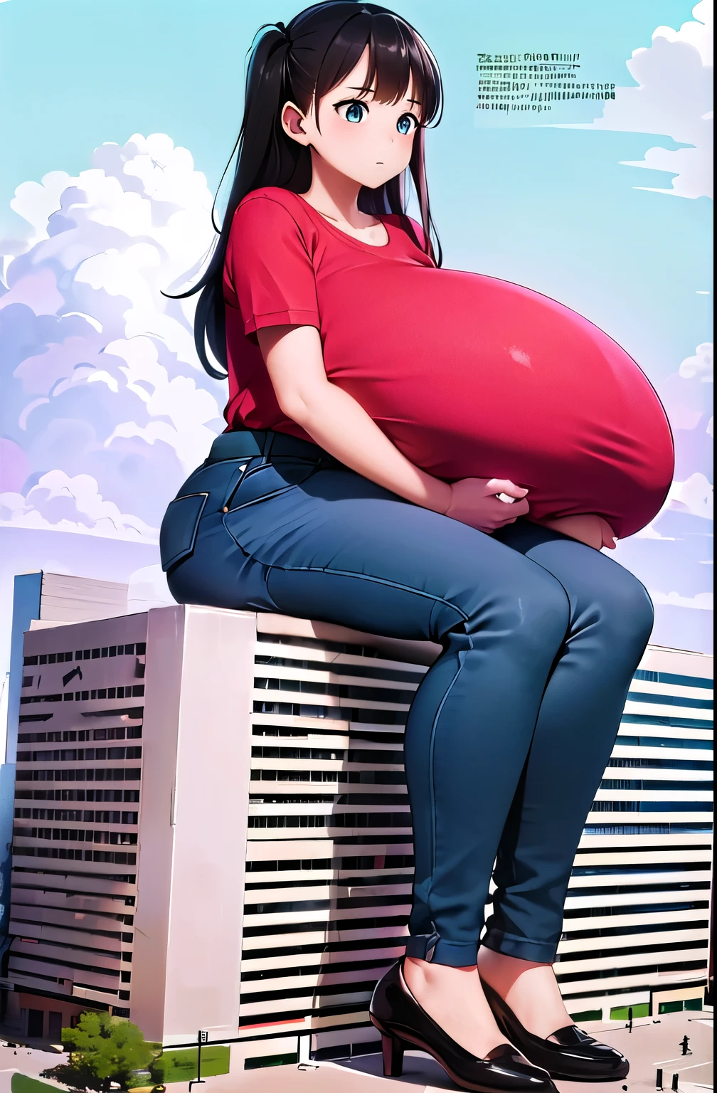 giantess, ((A giant lady bigger than a continent), Woman stooping, mamiya_kantaicollection, huge breast, Mature Woman, big ass, denim, shirt, low angle, View from the womans feet, Great impact, Very small city, city, Woman sitting, Woman about to sit down, Woman sitting on the ground, Woman sitting on the ground in the city, Broken Building, Destroyed town, Smoke from the buttocks, Dust, Big cities, Background of the metropolis, A giantess sitting in the biggest city on the continent, Super huge girl bigger than a continent,from below, panorama