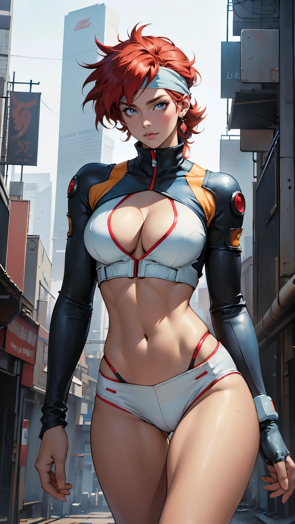 ((Masterpiece, highest quality; 1.3)), super quality, beautiful detail, super detailed, extra fine, 16K, exquisite, absurd, high resolution, beautiful background, detailed background, beautiful eyes, beautiful skin, anime style, Kay from Dirty Pair in a white outfit, tight outfit, cleavage, bushy redhead beauty, very light blue uniform, wearing tight clothes, skimpy, (mid chest: 1.2), cleavage, cleavage, slim waist , thin waist, slim thighs, thin legs, slim legs. thigh gap, showing stomach, skinny, thin hips, cyberpunk city background, holding retro space gun , headband,