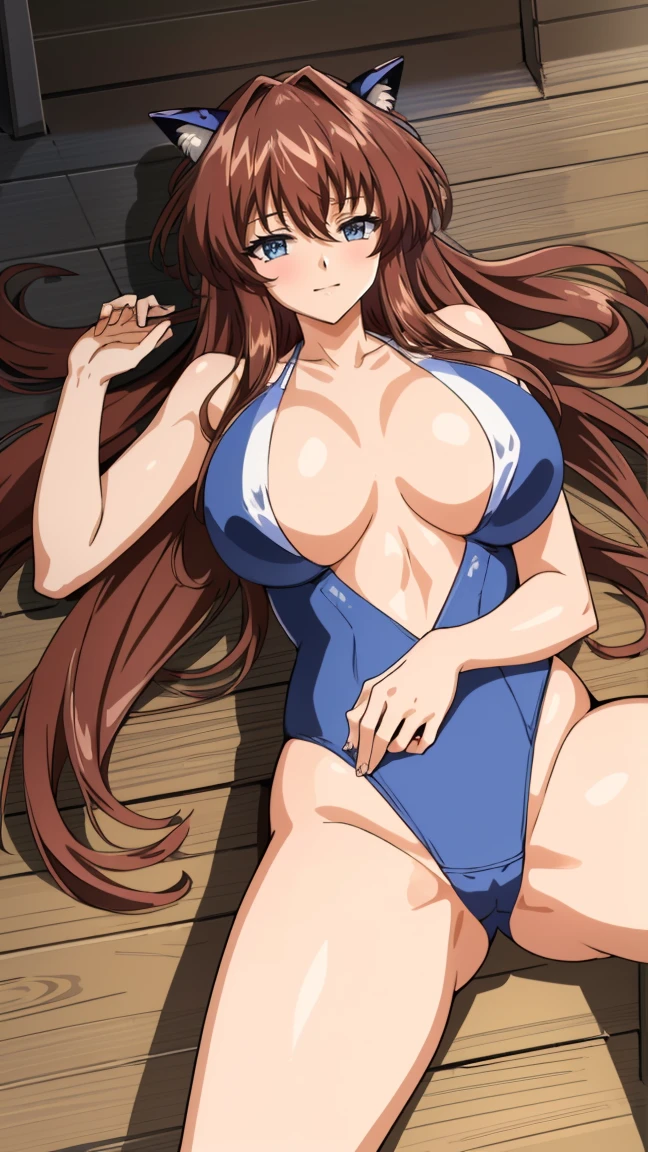 masterpiece, super high quality, Very detailed, Perfect drawing, alone, girl, 一人のgirl,Manticore,(((Ultra high cut swimsuit))),Browsing Caution,Big Breasts,Cowboy Shot,Look at me with a big smile、Beautiful Teeth、Shrapnel、Spread your legs、Sleeping on the floor