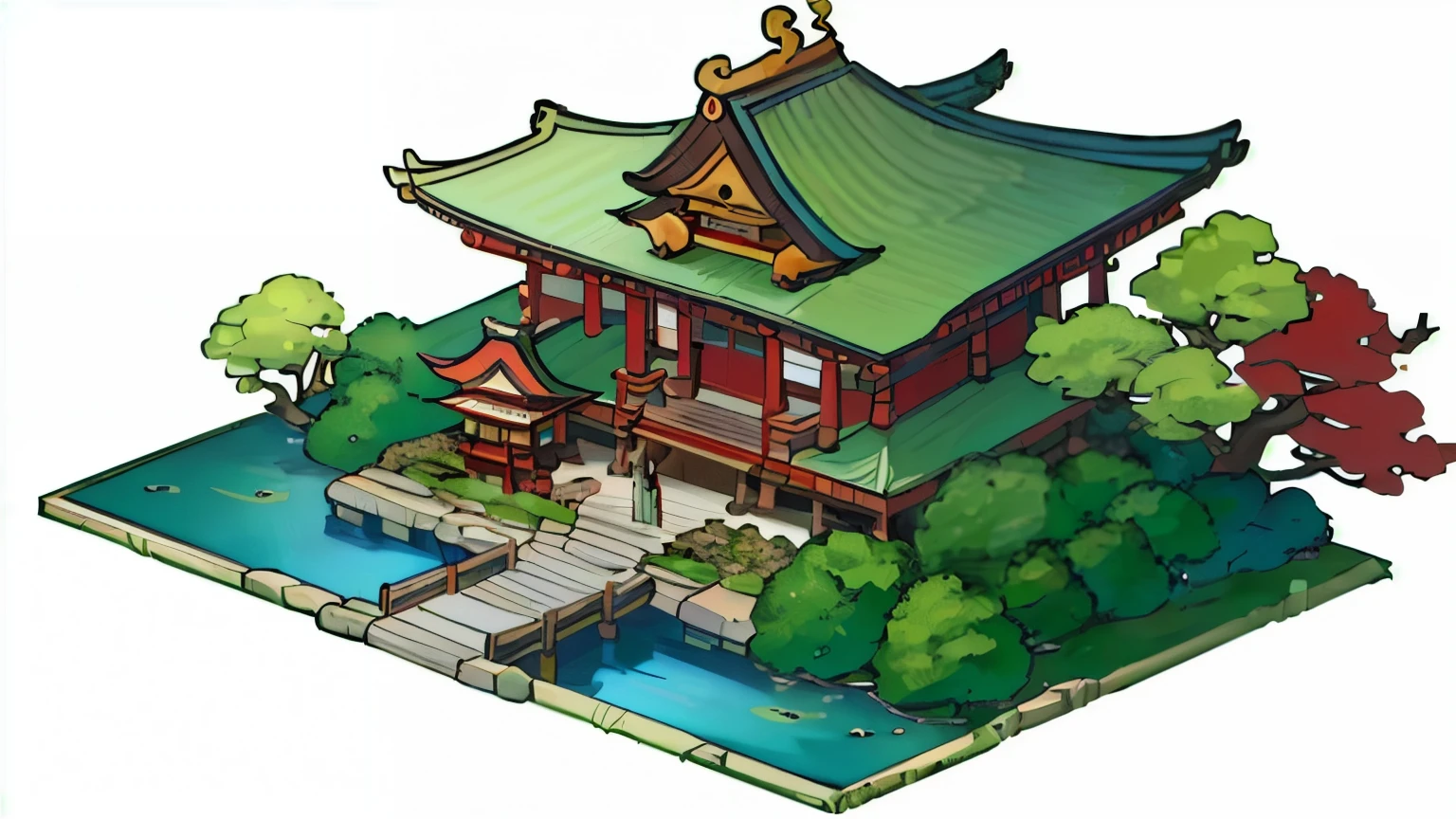 A cartoon image of a Chinese building with a pond and trees, Game image, Japanese Temples, Japanese cities, A Japanese town, Inspired by Zhou Wentianchong, Dojo on the mountain, shrine, Temple Background, Dofus, Japanese bathhouse, Japanese Village, mysterious temple setting, Downtown Background, Colorful Fox City, 日本shrine